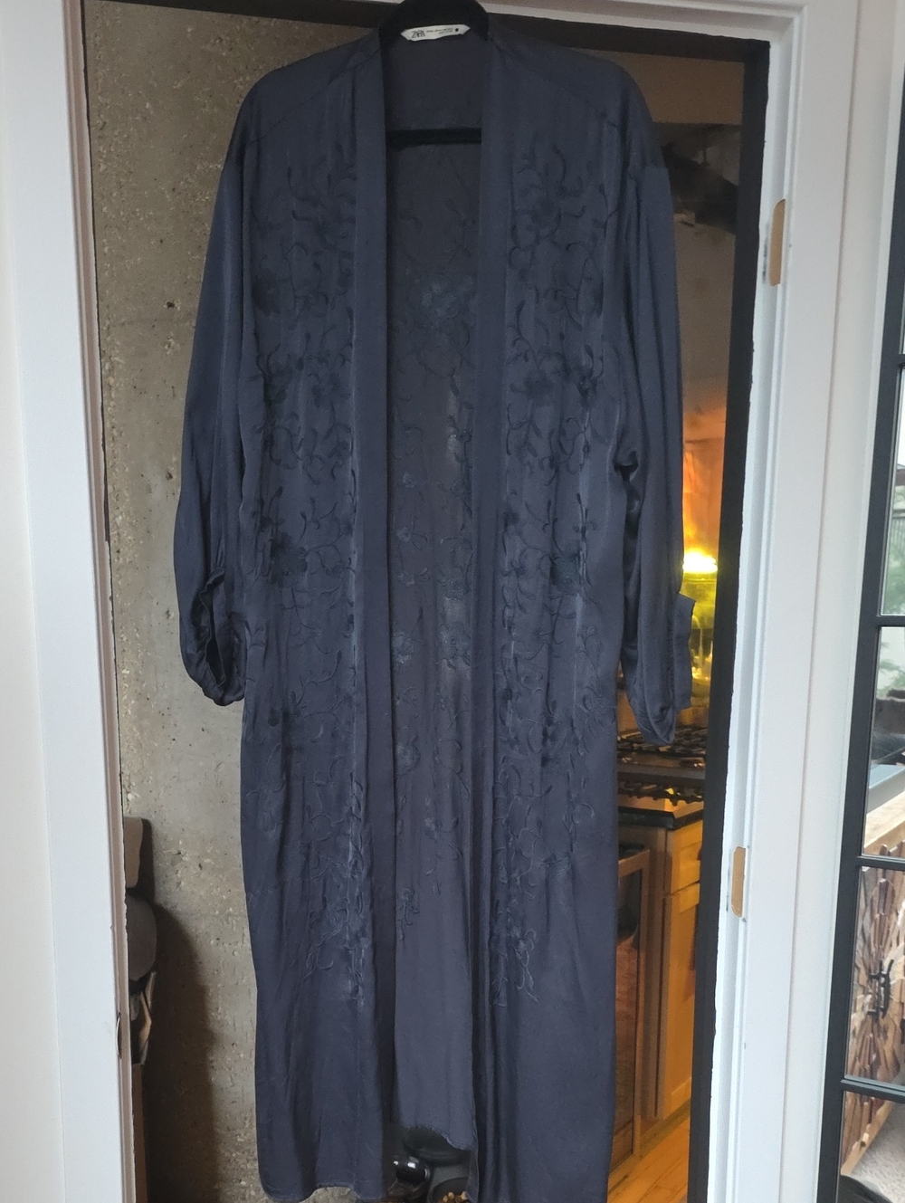 Zara Navy Embroidered Open-Front Long Kimono